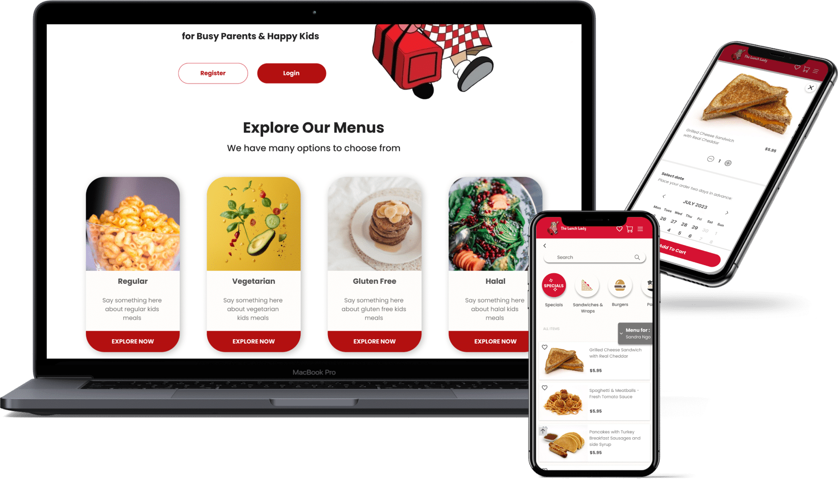 mockup of the desktop and mobile version of the lunch lady ordering platform