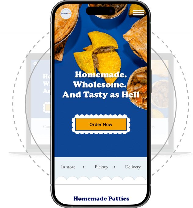 mockup of a mobile restaurant website - specifically patty shop. Built by a Sandstorm Studios website designer