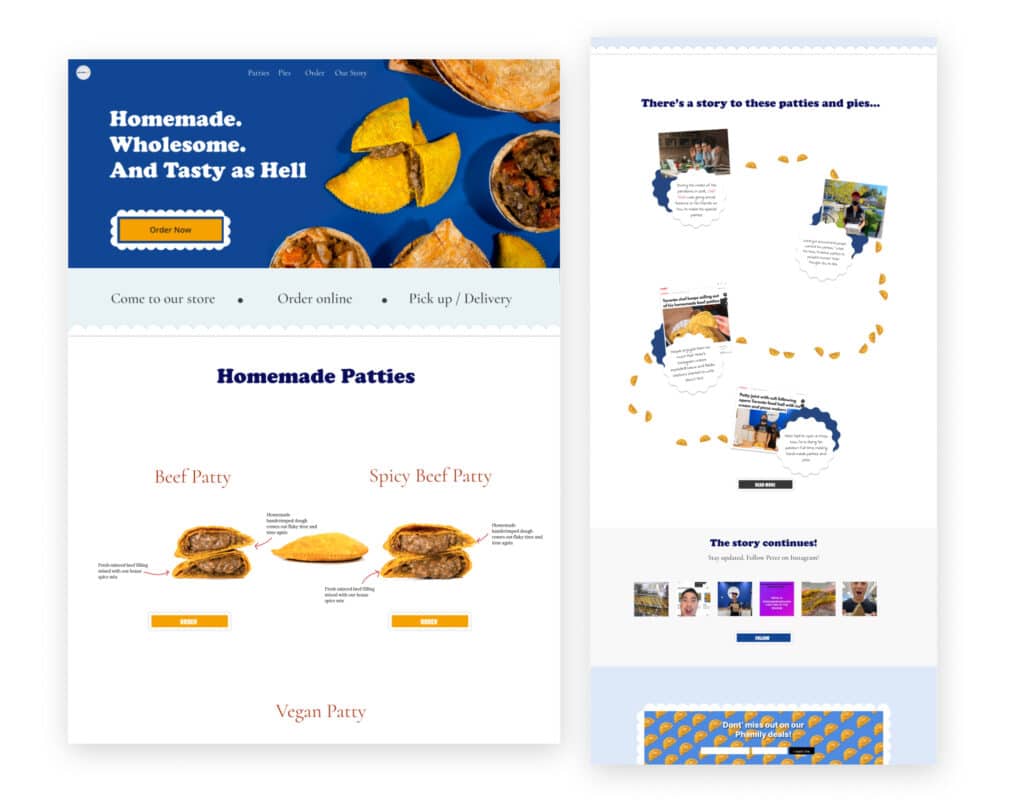 screenshot of the web design of a patty shop