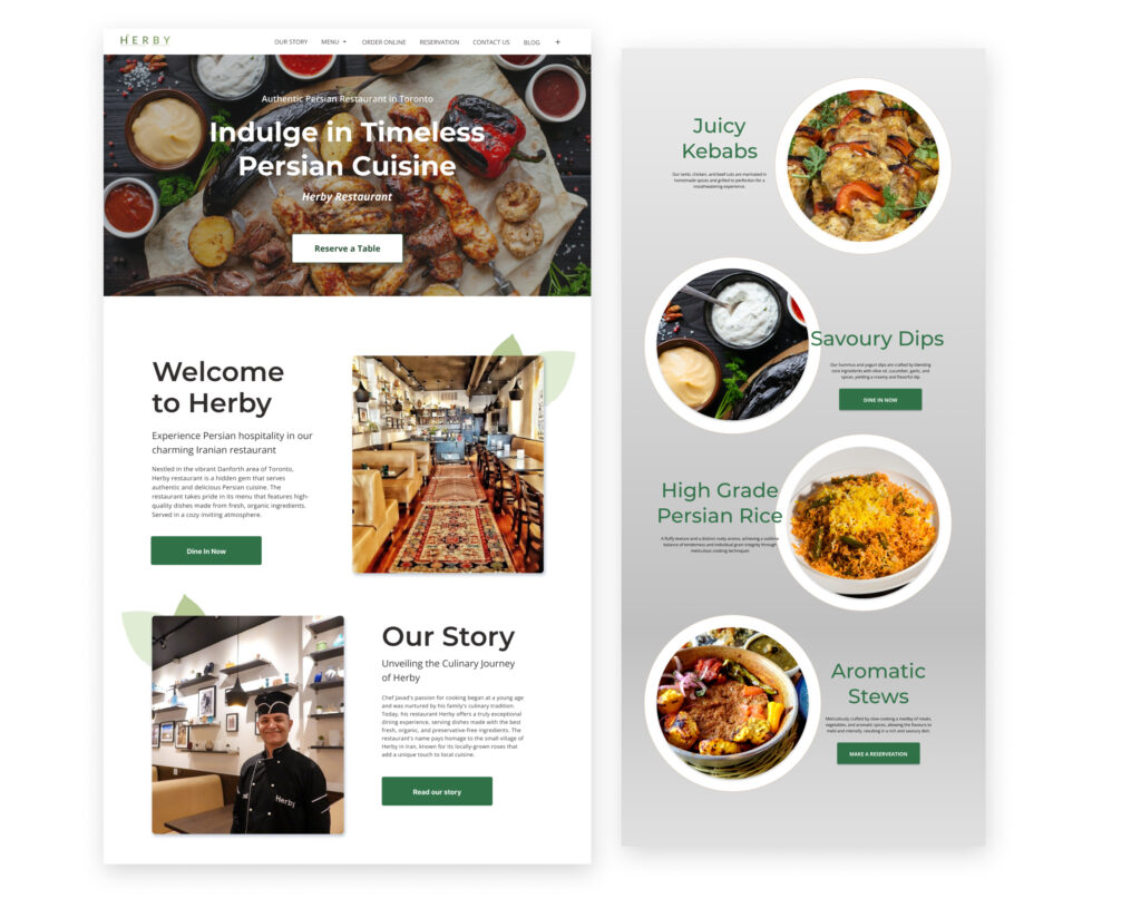 web design of the landing page of a persian restaurant