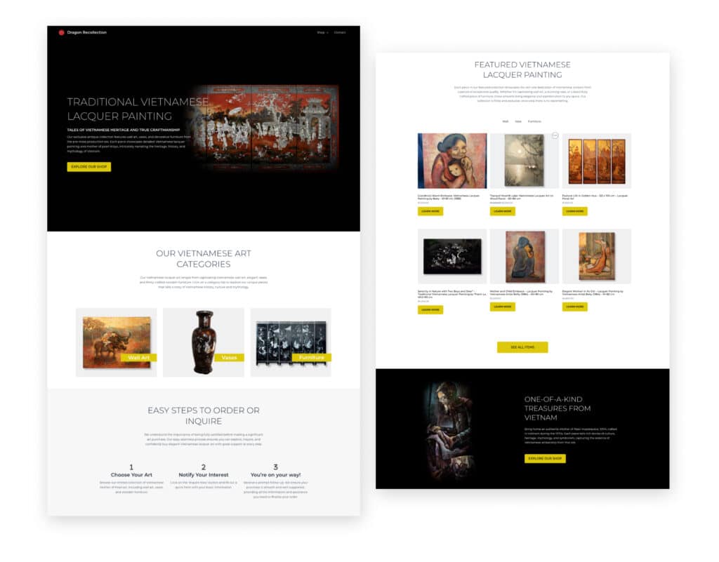 web design of fine art ecommerce