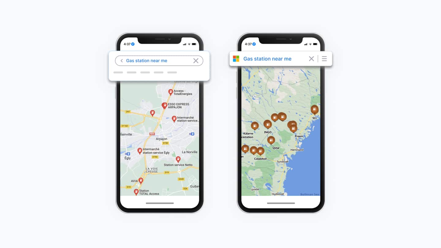 Two smartphones displaying local search results for nearby gas stations on Google Maps and Bing Maps, highlighting the importance of an optimized Google Business Profile for local visibility