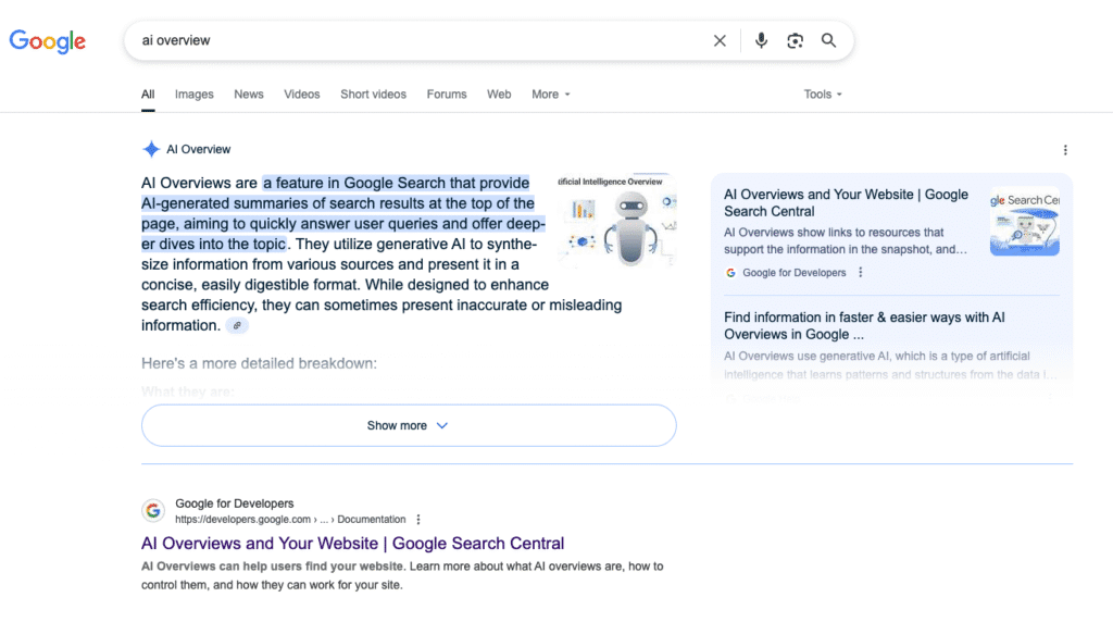 screenshot of an ai-overview on google SERP page