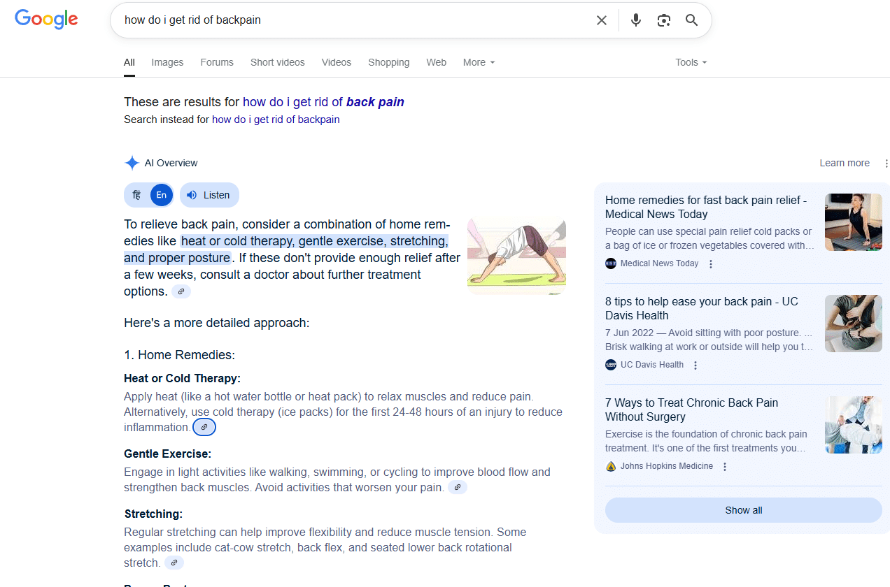 Google search results page showing an AI-generated summary for “how do I get rid of back pain,” featuring a mix of text, visual content, and links to articles from trusted health sources.