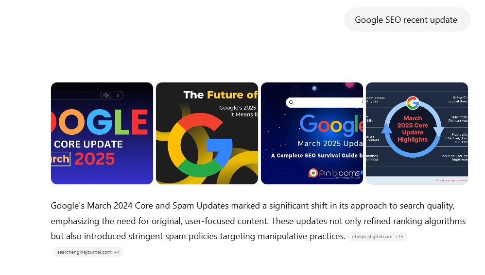 Screenshot of ChatGPT summarizing key points about Google’s recent update, highlighting updated content strategies and SEO implications.