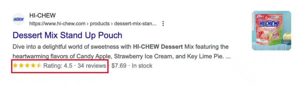 Example of a rich snippet in Google search results showing a product image, title, description, price, availability, and star rating with number of reviews, demonstrating the effect of schema markup for improved visibility.
