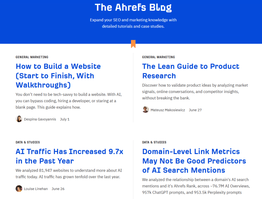 Screenshot of the Ahrefs Blog homepage showing articles on SEO, AI traffic growth, product research, and website building guides. This image highlights how Ahrefs uses practical tutorials, data insights, and clear walkthroughs to help marketers tackle real problems and build lasting trust.