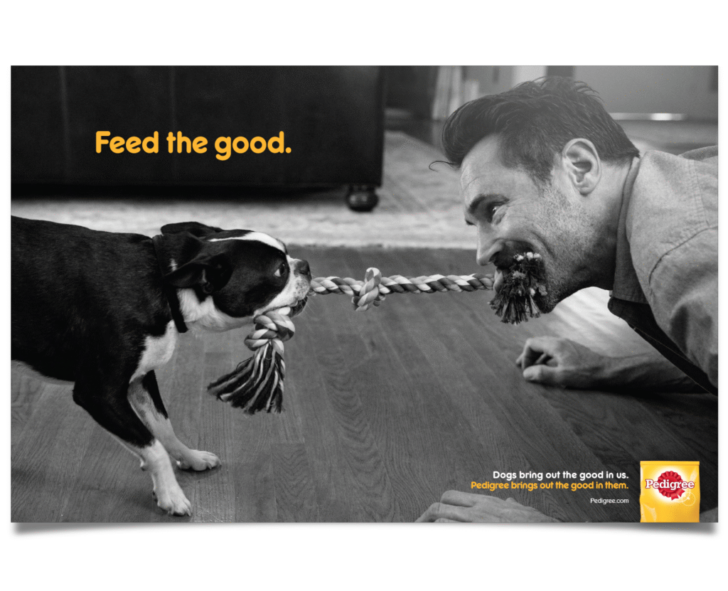 Black-and-white image showing a joyful man and his dog playing tug-of-war with a rope toy, part of Pedigree’s ‘Feed the Good’ campaign. This visual reflects the Emotional pillar of the 3 E’s of Content Marketing, capturing the loving bond between pets and owners. It shows how brands can use authentic, relatable moments to connect deeply with audiences and build lasting trust.